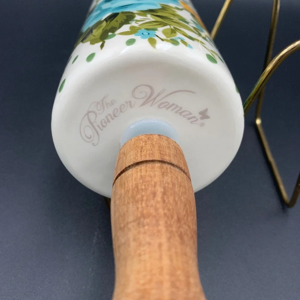 Pioneer Woman Breezy Blossom Ceramic Rolling Pin Wood Handle Floral Dots Retired